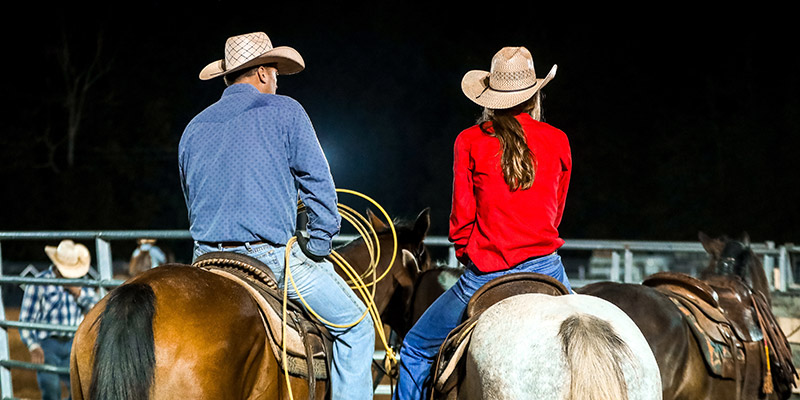 Two people on horses. Photo taken from behind.